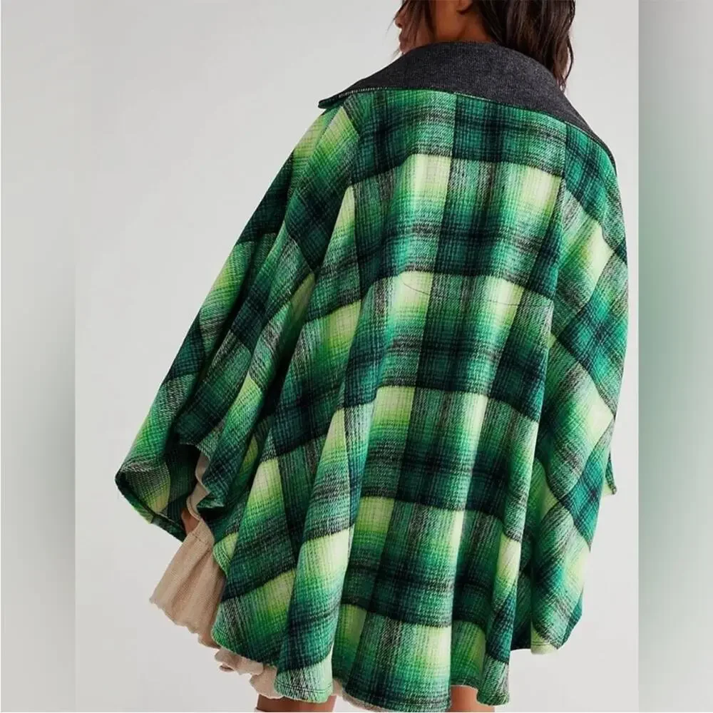 Free People Poncho Zip Woodstock Brushed Green Plaid Kelly Combo Pockets OS NWOT